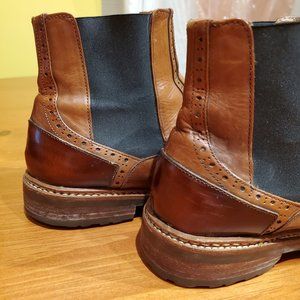 John Fluevog "Tank Tilda" chelsea boots, tan with burgundy accent